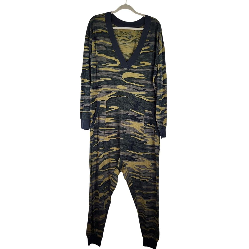 Natural Life Green Camo Pajama Bodysuit Women's XS Oversized 100% Cotton Lounge